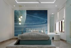 a bedroom with a large painting on the wall and a bed in front of it