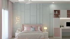 a white and pink bedroom with a computer on the desk
