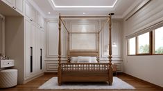 a bedroom with a canopy bed and white walls