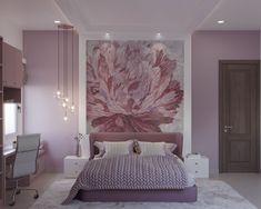a bedroom with a large painting on the wall