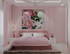 a bedroom with pink walls and white bedding, artwork on the wall above it