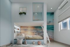 a bedroom with a bed and stairs leading up to the second floor that has a painting on the wall