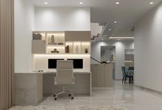 an office with white walls and flooring in the middle is lit by recessed lighting