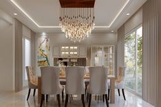 the dining room table is surrounded by white chairs and beige upholstered chairs, with a chandelier hanging from the ceiling