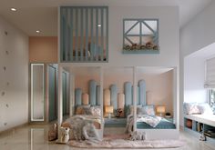 a bedroom with blue and white decor on the walls