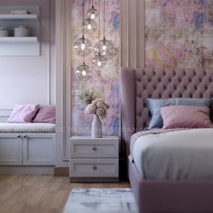 a bed room with a neatly made bed next to a window